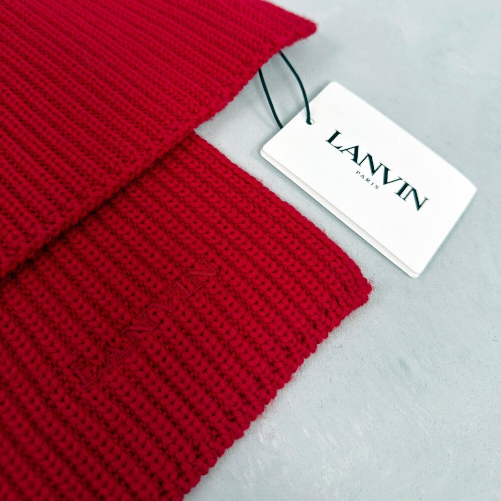 Lanvin: Iconic Embroidered Text Logo Knitted Wool Luxury Scarf FW26 - Picture 5 of 7
